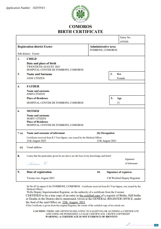 Download Comoros birth certificate Word and PDF template Photoshop template
